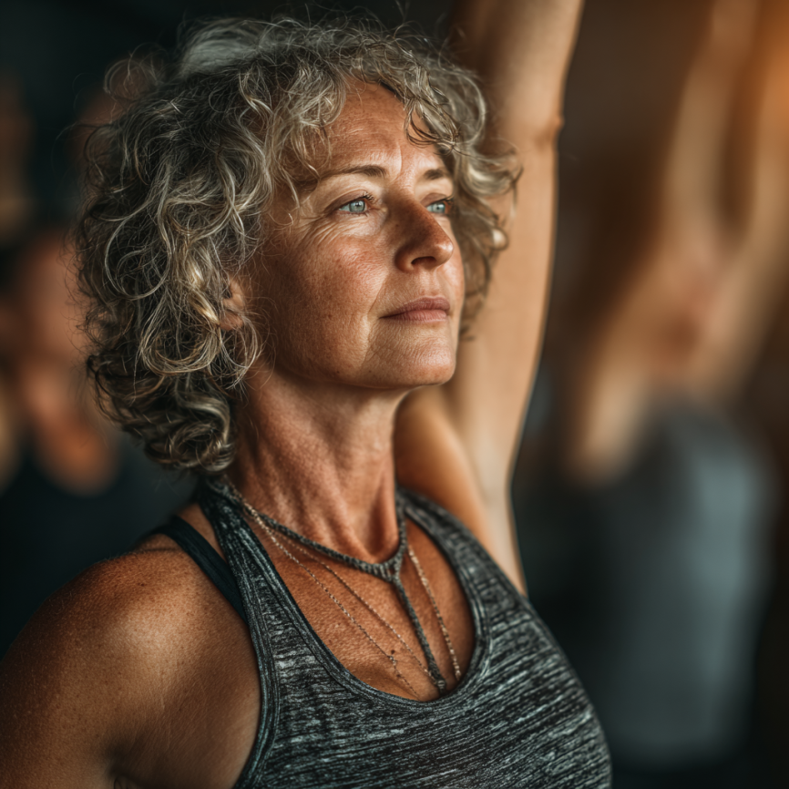 Літня жінка практикує йогу на природі