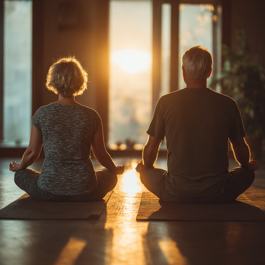 Група літніх людей практикує йогу в парку